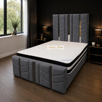 Naples Slate Grey - Chevronne Luxury Chevron Panel Bed – Designer Upholstered Bed Frame with Metallic Inlay Detailing