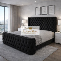 Naples Black - Celestine Grandeur Luxury Upholstered Bed – Deep Button Tufted Headboard & Curved Statement Footboard
