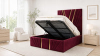Plush Velvet Maroon - Monaco V-Line Luxury Geometric Ottoman Storage Bed