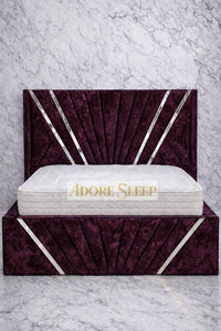Crushed Velvet Aubergine - Bat Radiance Luxury Panel Bed Frame with Silver Strip – Upholstered