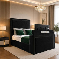 Plush Velvet Black - Claridge Luxury Framed TV Bed – Premium Upholstered Bed Frame with Integrated TV Footboard