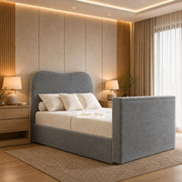 Plush Velvet Grey - Serene Luxury Curved TV Bed – Designer Upholstered Bed Frame with Integrated TV Footboard