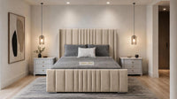 Naples Sand - Mayfair Luxury Panelled Bed – Premium Upholstered Bed Frame with Statement Headboard & Footboard