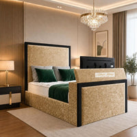 Crushed Velvet Gold - Claridge Luxury Framed TV Bed – Premium Upholstered Bed Frame with Integrated TV Footboard