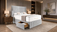 Plush Velvet Silver - Valentina Vertical Luxe Divan Bed – Channelled Statement Headboard & Storage