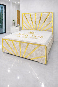 Crushed Velvet Cream - Solaris Radiance Luxury Geometric Upholstered Bed Frame