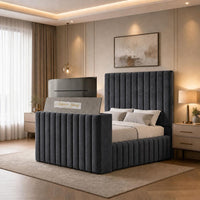 Naples Charcoal - Mayfair Luxury Channelled TV Bed – Premium Upholstered Bed Frame with Integrated TV Footboard