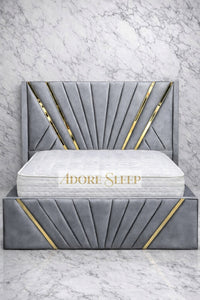 Plush Velvet Silver - Bat Luxury Panel Bed Frame with Gold Strip – Upholstered