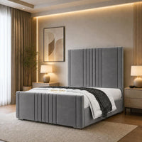 Plush Velvet Steel - Langham Luxury Centre Channel Bed – Premium Upholstered Bed Frame with Statement Headboard & Footboard