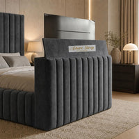 Naples Charcoal - Mayfair Luxury Channelled TV Bed – Premium Upholstered Bed Frame with Integrated TV Footboard