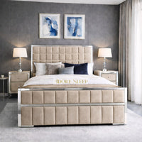 Plush Velvet Beige - Aurelius Linear Upholstered Designer Bed | Luxury Gold Frame Statement Bed