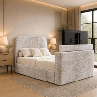 Crushed Velvet Champagne - Serene Luxury Curved TV Bed – Designer Upholstered Bed Frame with Integrated TV Footboard