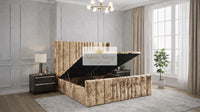 Crushed Velvet Gold - Valmont Luxe Ottoman Divan Bed Frame – Luxury Upholstered Storage Bed with Statement Panelled Headboard
