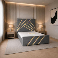 Plush Velvet Grey - Monaco Luxury Geometric Bed – Designer Upholstered Bed Frame with Metallic Inlay Detailing