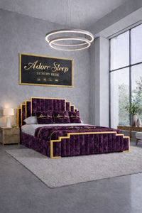 Crushed Velvet Aubergine - Imperial Elan Luxury Art Deco Upholstered Bed Frame