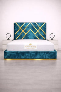 Crushed Velvet Teal - Regalia Noir Luxury Upholstered Bed – Geometric Designer Headboard with Metallic Accent Detailing