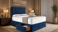 Plush Velvet Sapphire - Regency Chesterfield Luxe Divan Bed with Storage – Deep Buttoned Upholstered Bed Frame