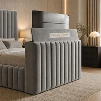 Plush Velvet Steel - Mayfair Luxury Channelled TV Bed – Premium Upholstered Bed Frame with Integrated TV Footboard