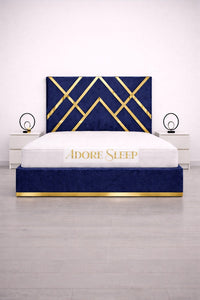 Plush Velvet Sapphire - Regalia Noir Luxury Upholstered Bed – Geometric Designer Headboard with Metallic Accent Detailing