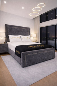 Plush Velvet Steel - Regent Grandeur Luxury Upholstered Bed Frame – Premium Deep Panelled Headboard