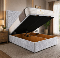 Crushed Velvet White - Meridian Abstract Geometry Ottoman Divan Bed | Luxury Hydraulic Storage Bed Frame