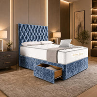 Crushed Velvet Denim Blue - Regency Diamond Luxury Divan Bed – Deep Button-Tufted Headboard with Premium Upholstered Frame & Storage