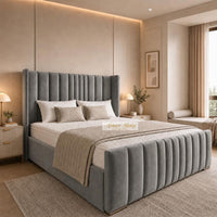Plush Velvet Grey - Grosvenor Luxury Winged Panel Bed – Designer Upholstered Bed Frame with Statement Headboard & Footboard