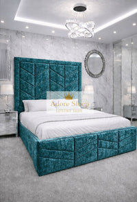 Crushed Velvet Teal - Valencia Royale Luxury Upholstered Bed – Geometric Chevron Panel Headboard & Statement Footboard