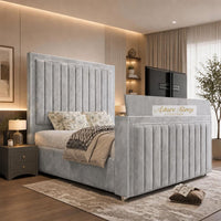 Plush Velvet Silver - Savoy Luxury Piped Panel TV Bed – Designer Upholstered Bed Frame with Integrated TV Footboard
