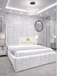 Crushed Velvet White - Valencia Royale Luxury Upholstered Bed – Geometric Chevron Panel Headboard & Statement Footboard