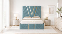 Plush Velvet Duck Egg - Monaco V-Line Luxury Geometric Ottoman Storage Bed