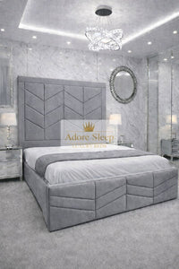 Naples Silver - Valencia Royale Luxury Upholstered Bed – Geometric Chevron Panel Headboard & Statement Footboard