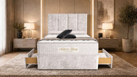 Crushed Velvet White - Kensington Grande Luxury Divan Bed – Premium Upholstered Bed Frame with Tall Vertical Panel Headboard