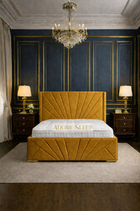 Plush Velvet Mustard Gold - Monaco Royale Luxury Fan-Panel Upholstered Bed Frame