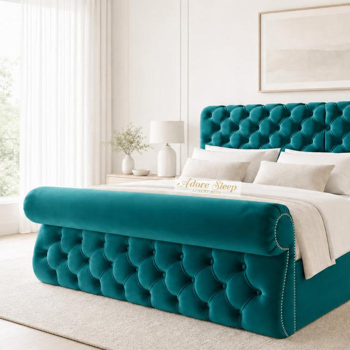 Plush Velvet Teal - Windsor Chesterfield Luxury Scroll Bed Frame