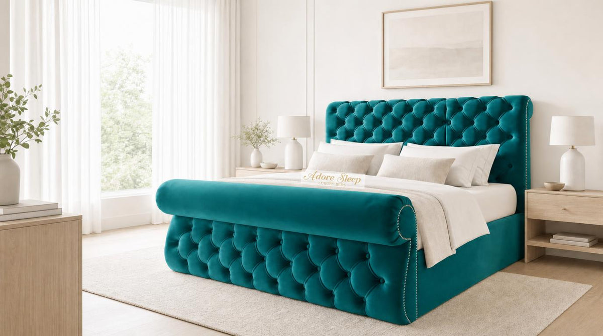 Plush Velvet Teal - Windsor Chesterfield Luxury Scroll Bed Frame