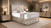 Crushed Velvet Gold - Aurelia Geometric Luxe Divan Bed with Statement Panelled Headboard & Storage