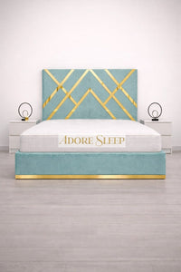 Plush Velvet Duck Egg - Regalia Noir Luxury Upholstered Bed – Geometric Designer Headboard with Metallic Accent Detailing