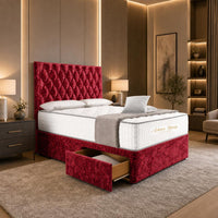 Crushed Velvet Red - Regency Diamond Luxury Divan Bed – Deep Button-Tufted Headboard with Premium Upholstered Frame & Storage