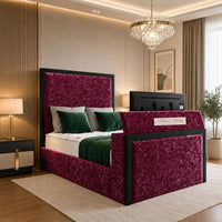 Crushed Velvet Aubergine - Claridge Luxury Framed TV Bed – Premium Upholstered Bed Frame with Integrated TV Footboard