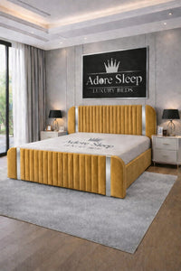 Plush Velvet Mustard Gold - Spencer Luxury Curved Fluted Bed Frame with Gold Strip – Upholstered