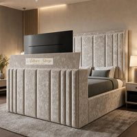 Crushed Velvet Champagne - Belgravia Luxury TV Bed – Statement Panel Upholstered Bed Frame with TV Footboard