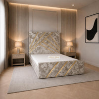Crushed Velvet Champagne - Monaco Luxury Geometric Bed – Designer Upholstered Bed Frame with Metallic Inlay Detailing
