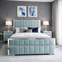 Plush Velvet Duck Egg - Aurelius Linear Upholstered Designer Bed | Luxury Gold Frame Statement Bed