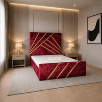 Crushed Velvet Red - Monaco Luxury Geometric Bed – Designer Upholstered Bed Frame with Metallic Inlay Detailing