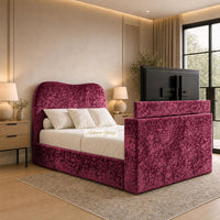 Crushed Velvet Aubergine - Serene Luxury Curved TV Bed – Designer Upholstered Bed Frame with Integrated TV Footboard