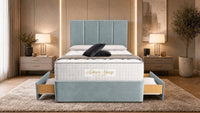 Plush Velvet Duck Egg - Kensington Grande Luxury Divan Bed – Premium Upholstered Bed Frame with Tall Vertical Panel Headboard