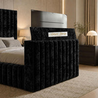 Crushed Velvet Black - Mayfair Luxury Channelled TV Bed – Premium Upholstered Bed Frame with Integrated TV Footboard