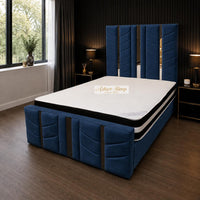 Plush Velvet Sapphire - Chevronne Luxury Chevron Panel Bed – Designer Upholstered Bed Frame with Metallic Inlay Detailing
