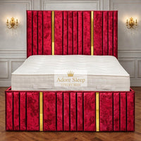 Crushed Velvet Red - Celestine Luxe Vertical Panelled Gold Strip Upholstered Bed Frame | Luxury Statement Bed